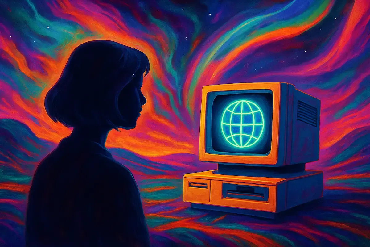 A woman looks at a computer terminal under a vibrant sky.