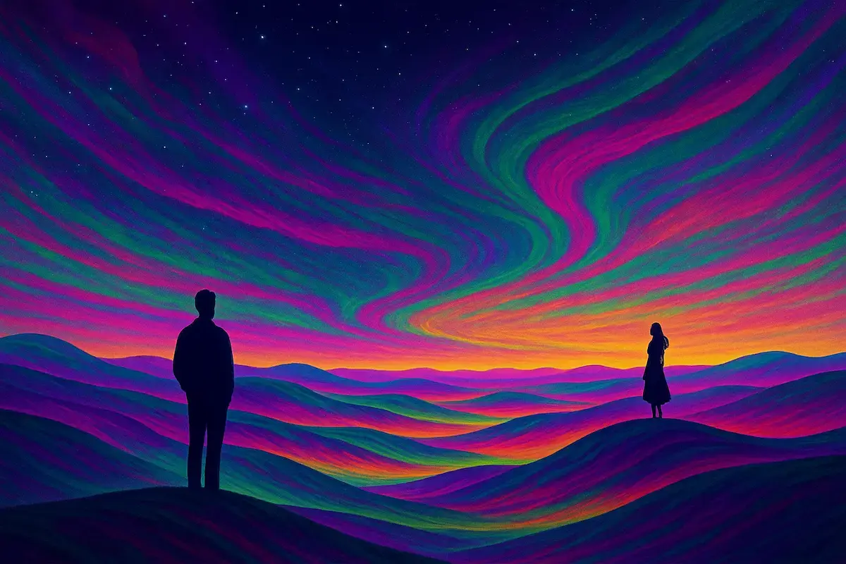 Two figures stand in a field, watching a sunset over distant hills.